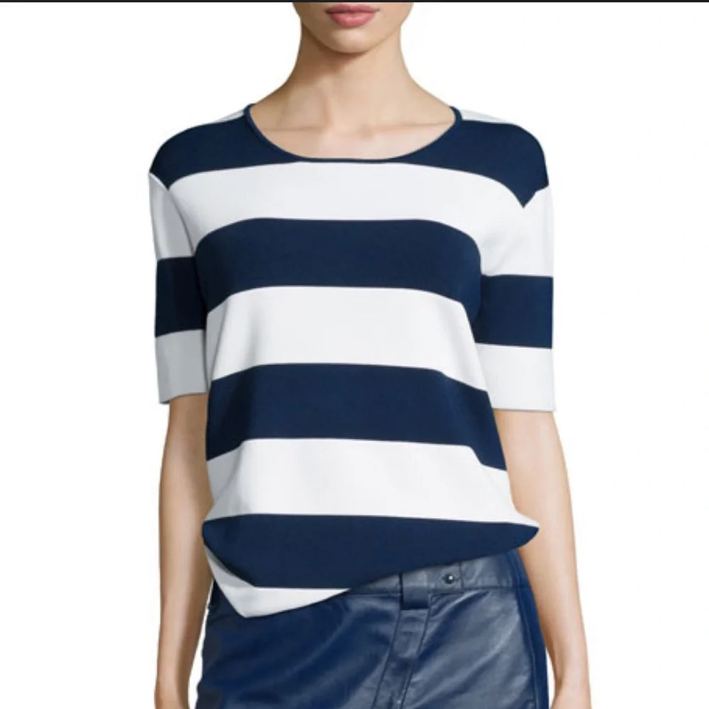 Derek Lam Striped Short-Sleeve Knit Top, Soft White/Blue, size Small
